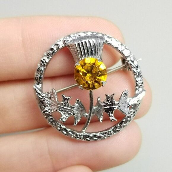 Vintage Scottish Thistle Mizpah Brooch, Silver Tone Orange Rhinestone, Estate - Picture 1 of 7
